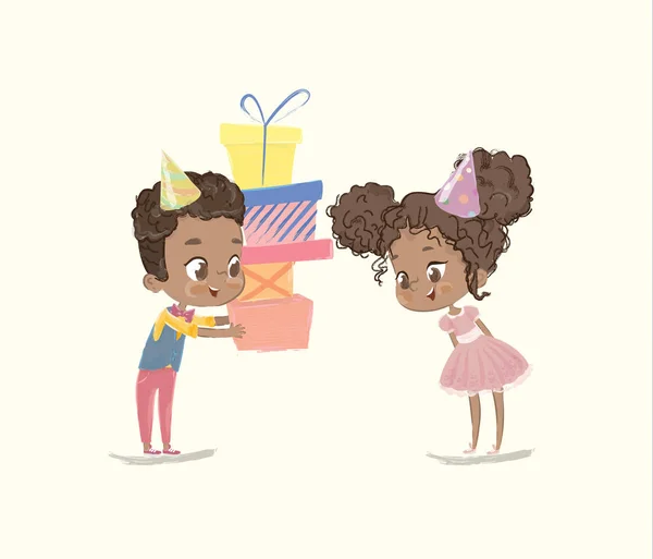 Милі діти народження вечірка подарунок Векторні ілюстрації. Афроамериканський хлопчик-персонаж дарує Подарунок дівчині-друзі. Дизайн вітальних листівок. Стиль плоского мультфільму . — стоковий вектор
