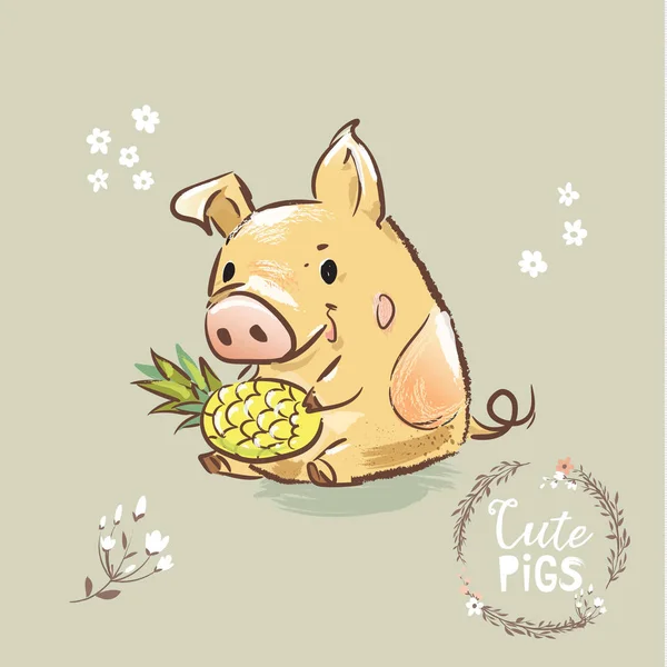 Carácter de cerdo sosteniendo piña 2019 Símbolo. Feliz Año Nuevo Diseño de tarjetas de felicitación para imprimir. Ilustración plana del vector de la historieta . — Vector de stock