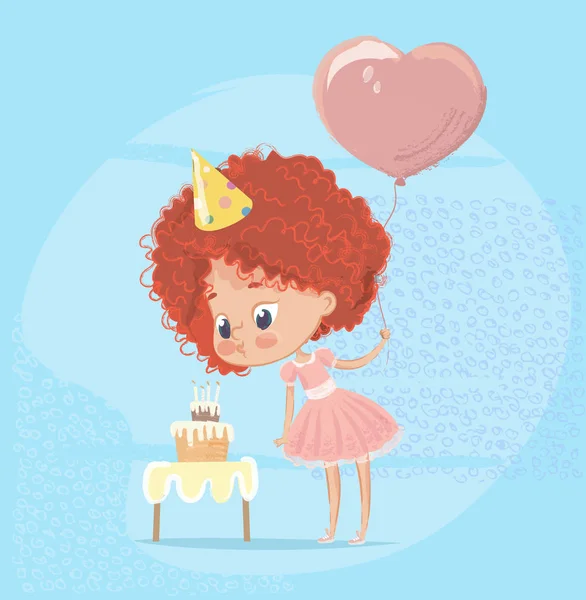 Ragazza rossa che spegne candela torta di compleanno. Bambino personaggio indossa abito rosa Celebrare la festa di nascita. Ragazza carina che tiene il palloncino. Illustrazione del vettore del fumetto . — Vettoriale Stock