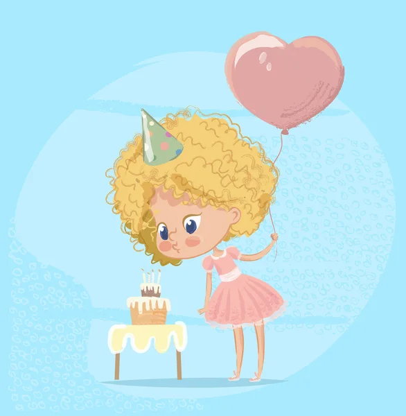 Bebek kız üfleme Doğum günü pastası mum. Sevimli sarışın kız karakter pembe kutlamak Doğum parti giyiyor. Sevimli kız balonu Holding. Afiş tasarımı için yazdırma. Düz çizgi film vektör çizim. — Stok Vektör