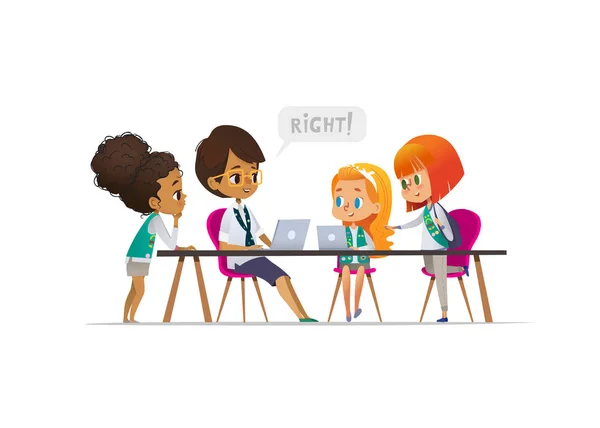 Happy girl scouts and female troop leader learning programming during lesson, Concept of coding for children in scouting camp. Illustration vectorielle . — Image vectorielle