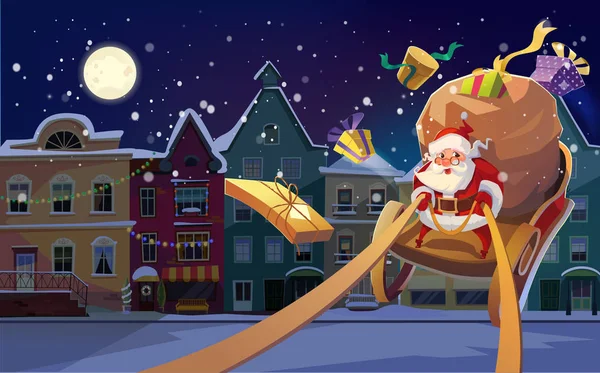 Vánoční karta Vánoční pozadí s Santa jízdy jeho sáně a dává dárky a dárky. Zimní noční město v pozadí. a copyspace pro text — Stockový vektor