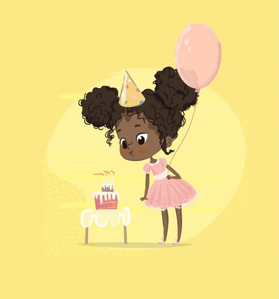 Афроамериканская девочка дула в день рождения торт свечи холдинг воздушный шар. Милая малышка, задувающая кексик на вечеринке в честь рождения. Персонаж детского дошкольного учреждения в дизайне плаката из розового платья Плоский вектор мультфильма — стоковый вектор