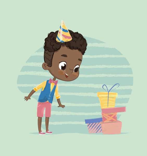 Šťastné dítě African American Boy vzrušený k narozeninám dárková krabička. Roztomilé dítě charakter rozbalit vánoční překvapení dárek. Dětské sváteční výzdobou Pozdrav Card Design. Plochá kreslené vektorové — Stockový vektor