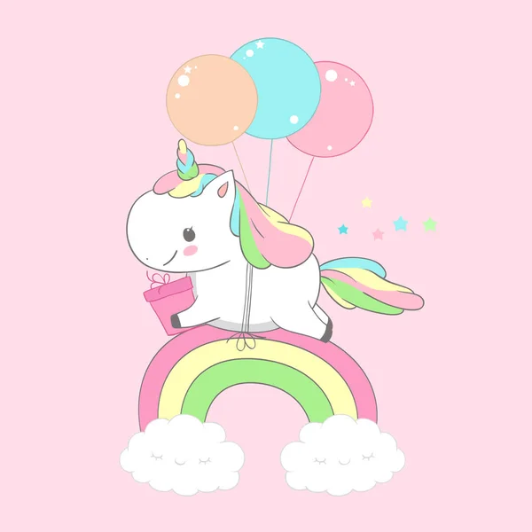 Jednorožec drží současné nad duha narozeniny karty Happy Little Pony letět v balónu. Dítě dovolená pozdrav magické Poster Design na růžovém pozadí — Stockový vektor