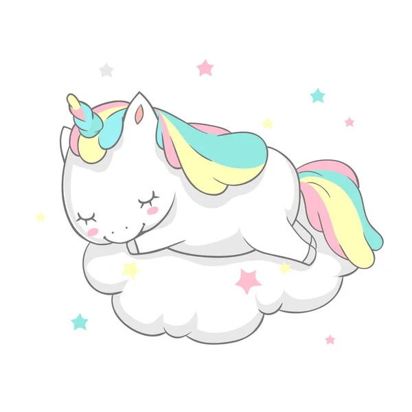 Jednorožec spánku sen víla plakát vektorové šablona. Kouzelnické karty akvarel šablonu pro tisk s Little Pony roh spaní na Cloud. Pohádka tisknutelné Banner plochý kreslený Design — Stockový vektor