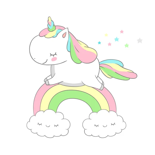 Roztomilý Baby Unicorn běh nad Rainbow Vektorová Design. Funny Pony pohádky lze použít pro tisk tričko, děti nosí módní design, baby sprcha pozvánky — Stockový vektor