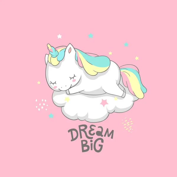Unicorn Dream Big Fairy affisch Vector mall. Magiska inspirerande akvarell utskriftsmall med lilla Horn ponny sova på moln. Fairy Motivation utskrivbara Banner platt Cartoon Design — Stock vektor