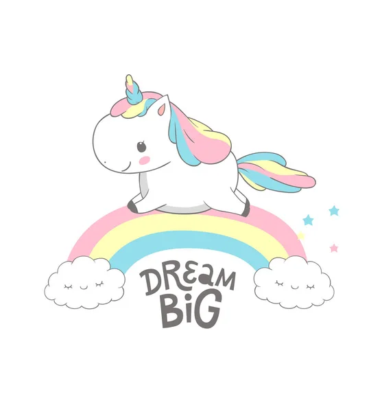 Unicorn Dream Big Rainbow Magic Poster Design. Fairy Inspirational Child Print Template with Little Horn Pony Run above Rainbow. Motivation Printable Badge Flat Cartoon Illustration Design — Stock Vector