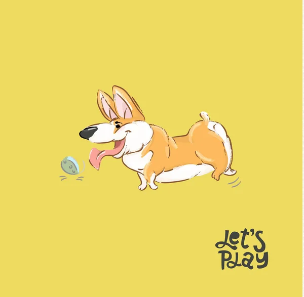 Glücklich Corgi Hund spielen Ball Vektor Illustration. dumme Welpen Charakter Animal Run Typografie drucken Poster. flauschig orange Haustier. kann für T-Shirt-Druck verwendet werden, Kinder tragen Mode, Baby-Dusche Einladung — Stockvektor