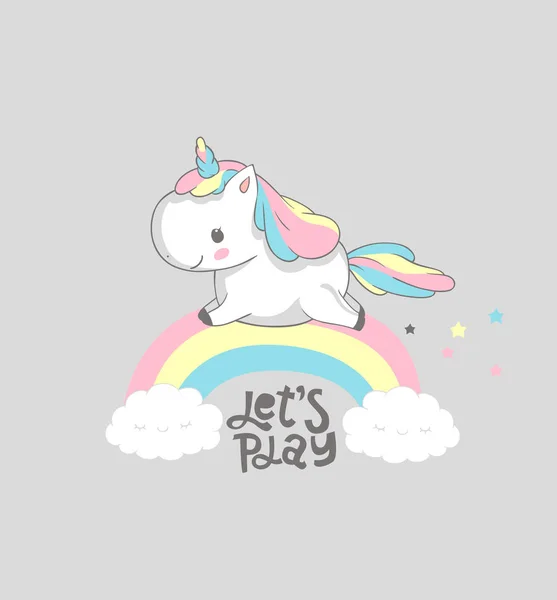 Unicorn Dream Big Rainbow Magic affisch Design. Fairy inspirerande barn utskriftsmall med lilla Horn ponny springa över Rainbow. Motivation utskrivbara Badge platt Cartoon Illustration Design. — Stock vektor