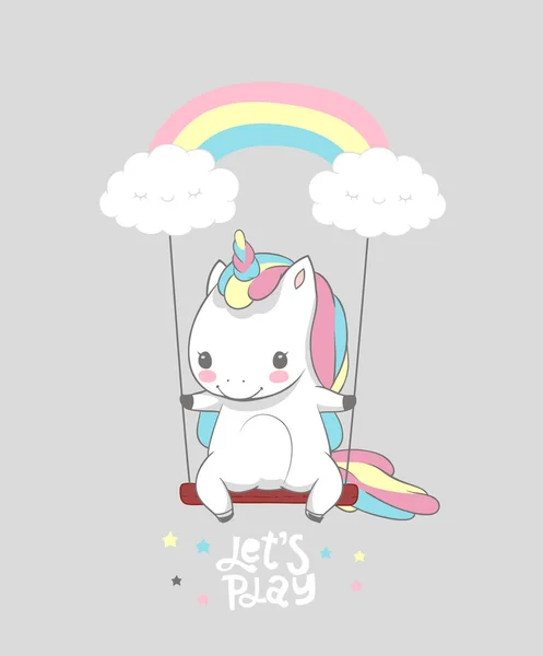 Roztomilý Baby Unicorn Swing Rainbow tisku plakátu. Ranní motivační inspirace hrát zbytek plakát školky Design lze použít pro tisk tričko, děti nosí módní design, baby sprcha pozvánky — Stockový vektor