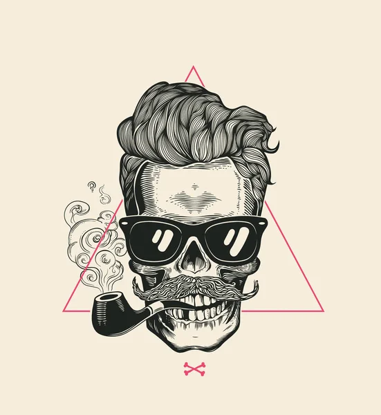 Sailor Cool Skull Smoke Pipe Vector T-Shirt Print. Cara de esqueleto de bigote moderno en gafas de sol. Póster geométrico de estilo urbano. Monocromo Hipster cabeza silueta negra — Vector de stock