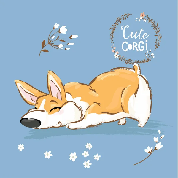 Cute Corgi Dog Cuppy Sniff Vector Ilustração. Cartaz engraçado da flor do caráter do animal de estimação Fox. Impressionante feliz Brown Doggy Series isolado no fundo azul plano Cartoon Print Banner . — Vetor de Stock