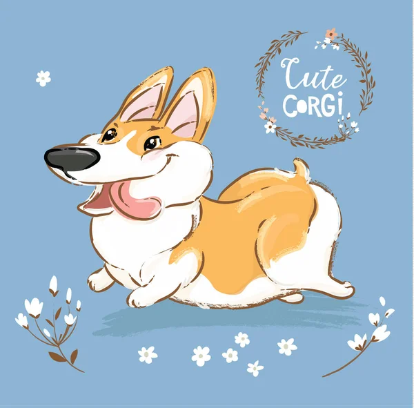 Excitada Corgi Dog Run Tongue Out Vector Poster. Happy Fox Pet Character Walk ao ar livre em flores. Pouco engraçado galês Doggy Series em fundo azul plano Cartoon Print Banner — Vetor de Stock