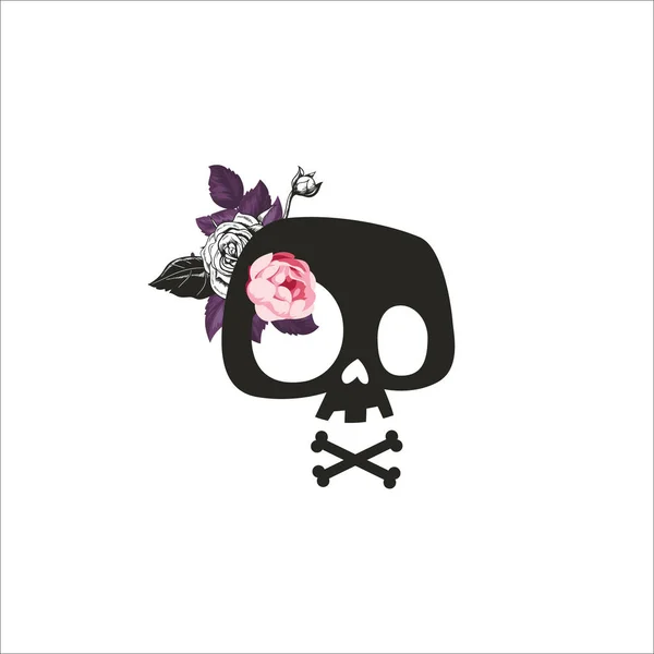Carino Cartoon Skull decorato con fiori di rosa. Teschio stilizzato, stampa t-shirt, segno del cranio, design artistico con stampa teenager. Illustrazione vettoriale. Isolato. — Vettoriale Stock