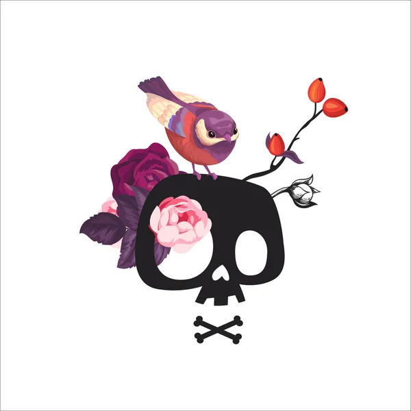 Kreskówka czaszki ozdobione kwiatów róży i mały ptak siedzący na nim. Stylizowane czaszki, drukowanie t-shirt, znak czaszki, sztuka drukowania nastolatek, karta projekt. Ilustracja wektorowa. Na białym tle — Wektor stockowy