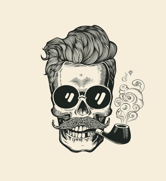 Hipster Skull Smoke Pipe Vector Ilustração Impressão. Cool Mustache Skeleton Face em óculos de sol. Urbano moderno cabelo t-shirt impressão monocromático marinheiro cabeça preto morte silhueta — Vetor de Stock