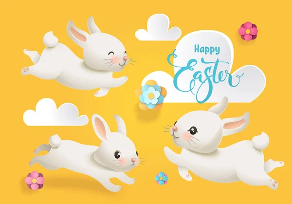 Frohe Ostern niedlichen Kaninchen Vektor-Kollektion. Frühling weißer Hase, Blume und Wolke isolierte runde Element Set für Typografie Banner. Werbung Urlaub Geschenk Charakter flach Cartoon-Stil — Stockvektor