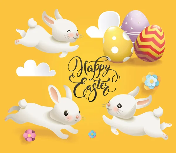 Fröhliche Ostern niedlichen Kaninchen Vektor Typografie Poster. Frühling weißer Hase, Blume und Wolke auf gelbem Hintergrund Banner. Werbung bunt Urlaub Grußkarte flach Cartoon Illustration — Stockvektor