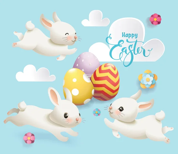 Happy Easter Bunny Cute jaj transparent wektor. Ładny królik biały, kwiat i chmury na niebieskim tle typografii plakat. Reklama kolorowe wakacje zaproszenie układ płaski kreskówka wektor — Wektor stockowy