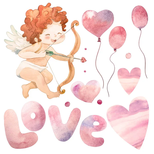 Lustige kleine Amor bläst einen Kuss. Aquarell-Illustration eines Valentinstages. Illustration im Cartoon-Stil. isoliert auf weißem Hintergrund — Stockfoto