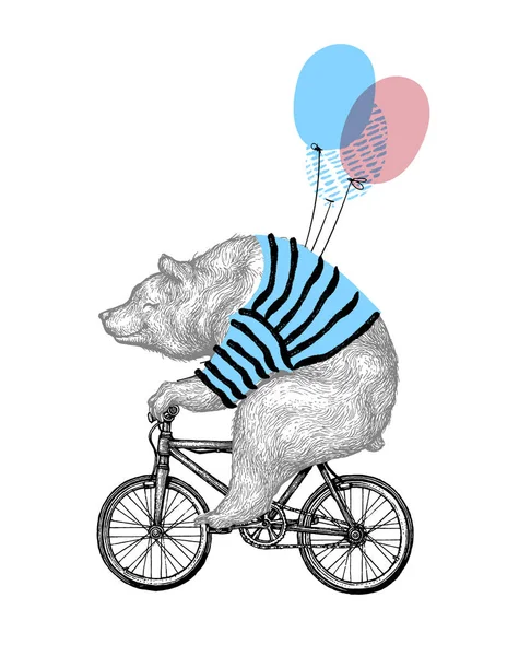 Bear Ride Bicycle Balloon Vector Illustration. Vintage Mascot Cute Grizzly Cycle Bike aislado en blanco. Happy Birthday Animal Character Black Sketch. Esquema plano Teddy Grunge Draw — Vector de stock