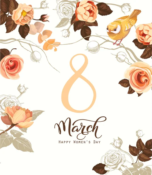 Feliz 8 de marzo. Tarjeta de felicitación del día de las mujeres. Hermosa letra de la mano con ramo de flores de primavera, hojas y pájaro azul sentado en él sobre el fondo. Ilustración vectorial para postal, invitación, banner . — Vector de stock