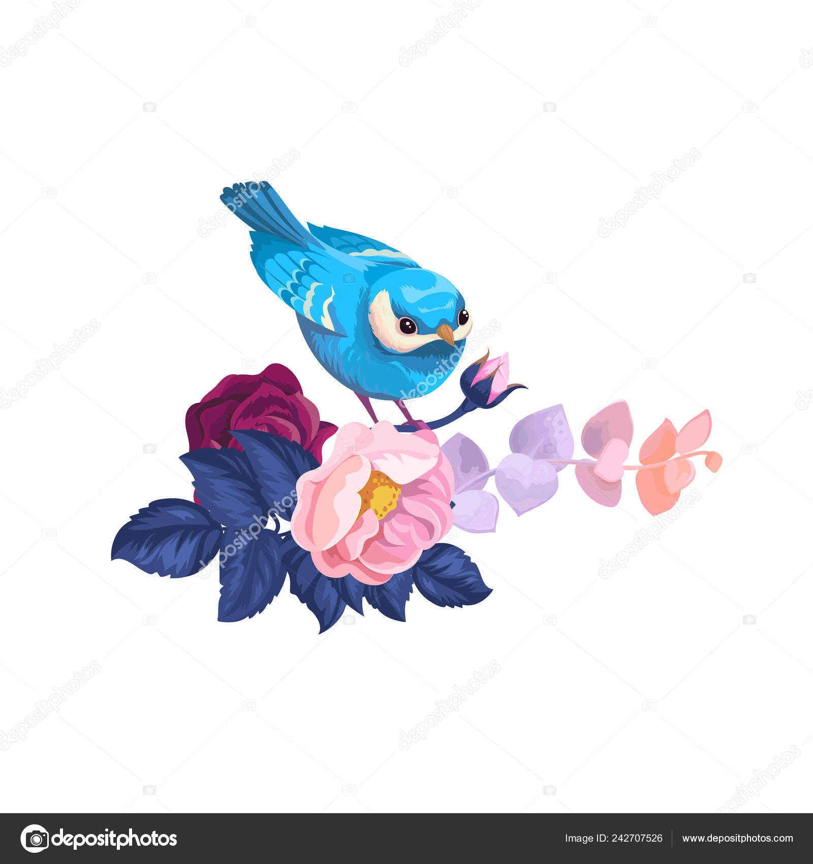 Oiseau De Printemps Sur Fleur Branche Aquarelle Dessin