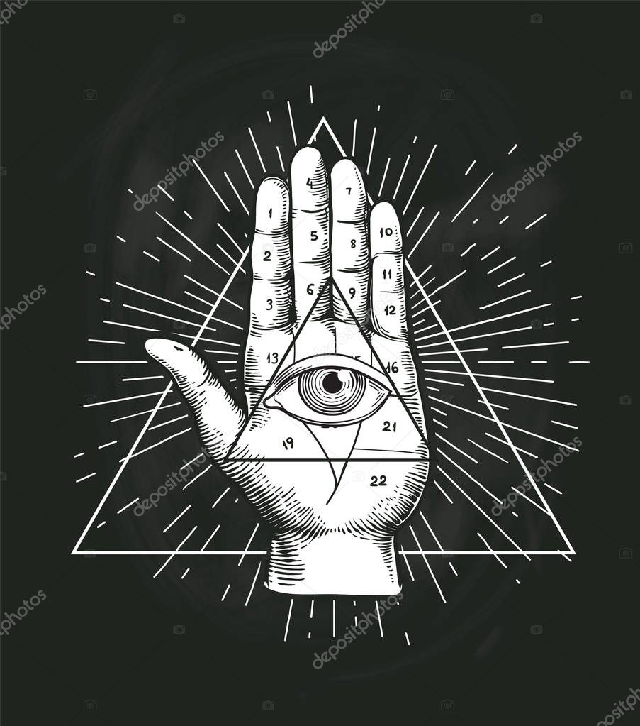 All Seeing Eye Triangle Geometric Vector Design. Providance Pyramid Tattoo Symbol with Occult Secret Hand Sign. Mystic Spiritual Illuminati Emblem Sketch Drawing Illustration.