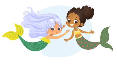 Mermaid African Caucasian Character Friend Nymph. Young Underwater African American Female Cute Mythology Princess Painting. Aquatic Isolated Marine Siren Drawing Flat Cartoon Vector Illustration clipart