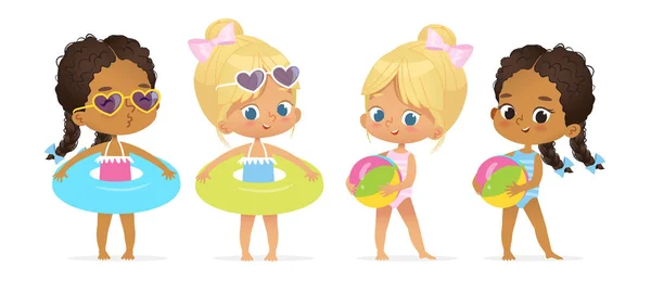 Happy Pool Party multiraciale Girl-tekenset — Stockvector