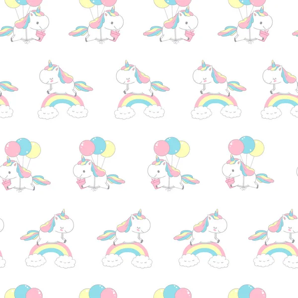 Jednorožec nad Duhová módní vzor bezešvé pro textilní Doodle. Happy Little Pony letět v balónu. Kouzelná dovolená krásná prvek designu na bílém pozadí plochý kreslené vektorové ilustrace. — Stockový vektor