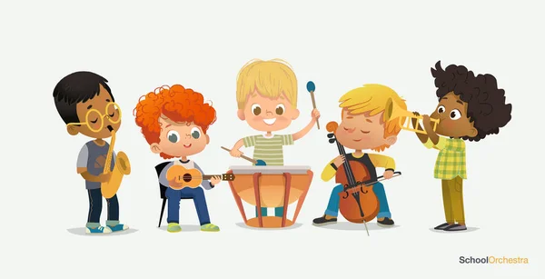 Kids Boy Orchestra Jogue Instrumento de Música Diferente —  Vetores de Stock