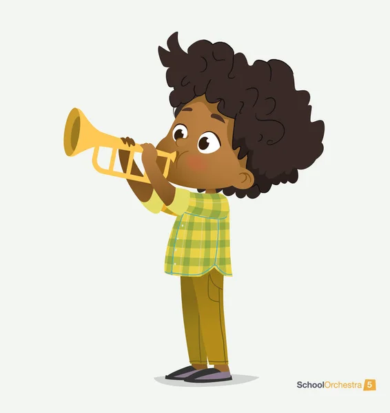 Afroamericano chico en verde camisa jugar en trompeta — Vector de stock