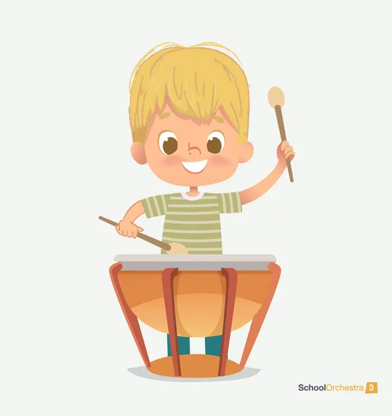 Σχολική ορχήστρα χαμόγελο αγόρι παιχνίδι κερδίζει τα τύμπανα — Διανυσματικό Αρχείο