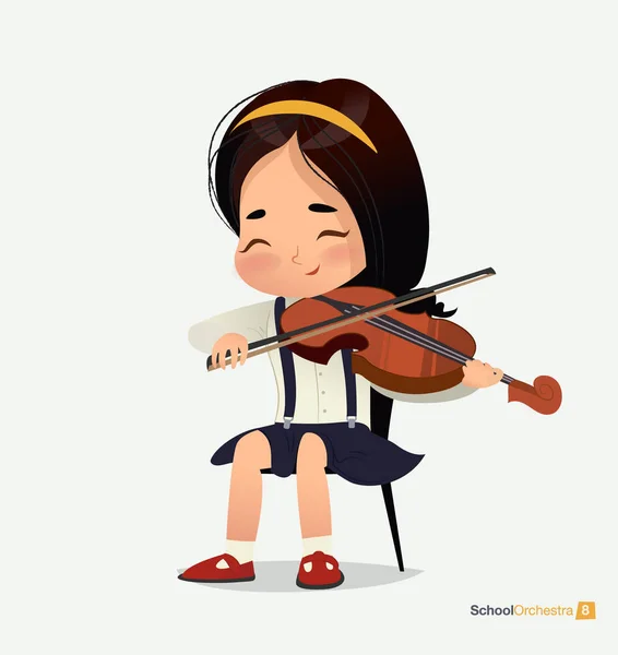 Ασιατικό κορίτσι σε μπλε φούστα καθίσει στην καρέκλα παιχνίδι βιολί — Διανυσματικό Αρχείο