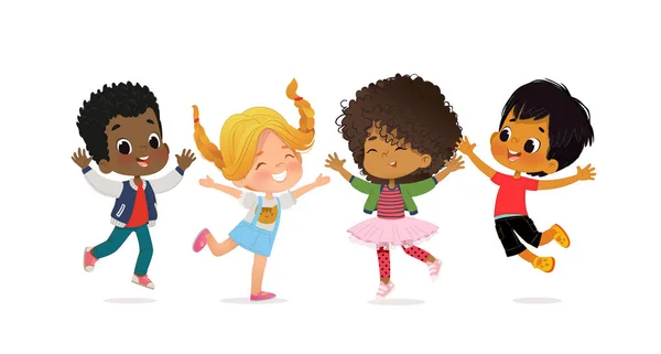 Anak-anak sekolah multirasial. Anak laki-laki dan perempuan bermain bersama-sama bahagia melompat. Anak-anak bermain di rumput. Konsep ini menyenangkan dan hidup saat-saat masa kanak-kanak. Ilustrasi vektor - Stok Vektor
