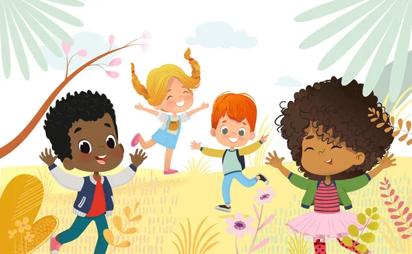 Niños y niñas multiculturales saltan felices. Los niños juegan al outdors. Flores y árboles coloridos en el fondo — Archivo Imágenes Vectoriales