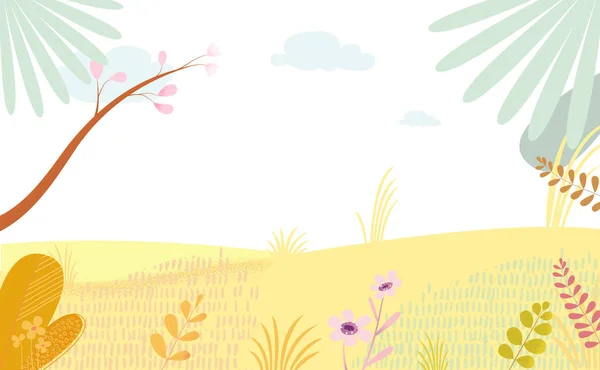 Ilustración infantil con fantasía Árboles hojas y flores. Hermoso fondo verano . — Archivo Imágenes Vectoriales