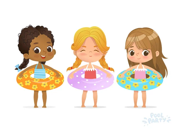 Filles multiraciales en cercle gonflable. Ami enfant se détendre à la fête de piscine multiraciale d'été avec anneau gonflable. Caractère Beach Girl isolé. Illustration vectorielle de dessin animé plat de vacances d'anniversaire — Image vectorielle