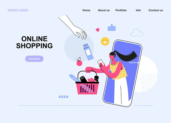 Concetto di shopping online,. Giovane donna shoping online utilizzando smartphone. Modello di illustrazione vettoriale. Può essere utilizzato per banner web, annunci, infografiche, — Vettoriale Stock