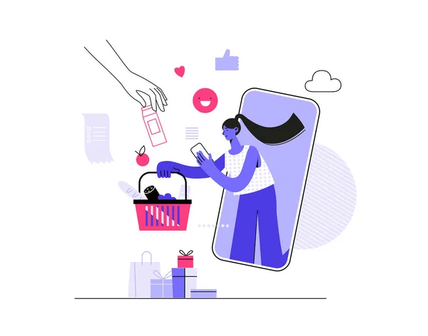 Illustration einer jungen Frau, die online per Smartphone einkauft. E-Commerce und Online-Shopping. mobiles Smartphone zum Online-Einkaufen und Bezahlen nutzen. — Stockvektor