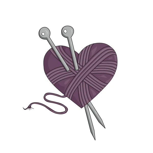 Pletené purpurové srdce propíchnuté dvěma šedými pletacími jehlicemi. Umělecká ilustrace, izolované bílé pozadí.Koncept loga. — Stock fotografie