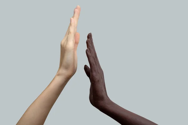 İki el, siyah ve beyaz, pamuk için birbirinize doğru ilerleyin. Gri arka plan. Irklar arası dostluk ve saygı kavramı, ırkçılığa karşı mücadele. Yakın çekim, seçici odaklanma.