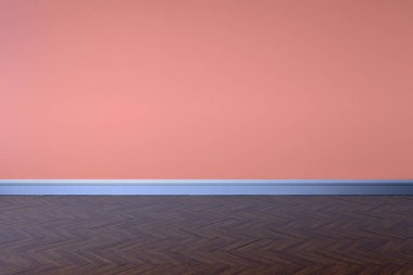 boş iç arka plan boş kırmızı pembe duvarlar köşe ve ahşap zemin çağdaş, 3d render soyut