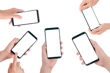 Smartphone Mock up, boş ekran kırpma yoluyla tasarım için beyaz arka plan üzerinde izole ile cep telefonu tutan el