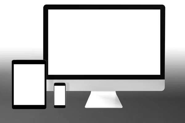 Moderne computer laptop mobiele telefoon en tablet isoleren met knipmasker voor mockup ontwerp, 3D-rendering — Stockfoto