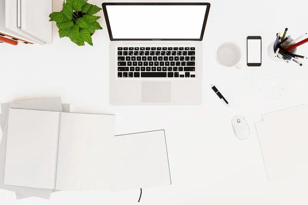 Tavolo da scrivania da ufficio con computer labtop, smart phone notebook vuoto e tazza di caffè. Vista dall'alto con spazio di copia, rendering 3D — Foto Stock