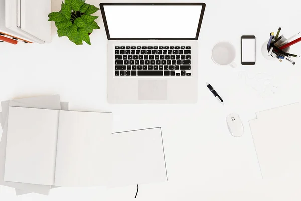 Office desk table with labtop computer,blank notebook smart phone and coffee cup. Top view with copy space,3D rendering — Stock Photo, Image